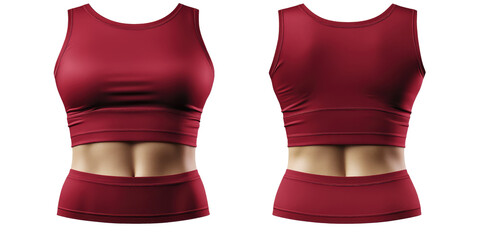 Red female sports exercise bra tank crop top front and back view. Blank mockup design on transparent cutout background, PNG file. Mockup clipart template
