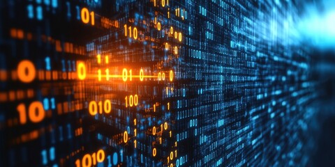 Digital shield protecting encrypted data, binary code background, concept of cybersecurity and privacy