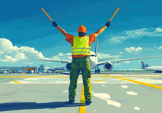airport ground worker in green pants and a yellow vest, standing on tarmac with his hands raised above his head, holding two orange batons as a signal to an airplane ready for takeoff Generative AI