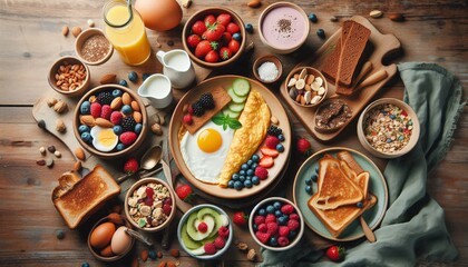 Healthy breakfast food table scene. Top down view over a white wood banner background.