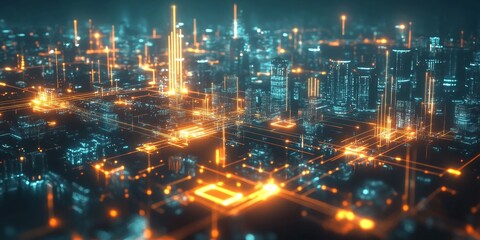 Fototapeta premium Digital city network with glowing lines linking various smart devices and buildings, tech communication concept