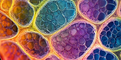 Fototapeta premium Plant root cells under a microscope, highlighting the structure of the root cap and root hairs in vivid detail