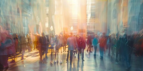 Fototapeta premium Defocused crowd at an exhibition hall, with bright light creating a blurry, abstract scene