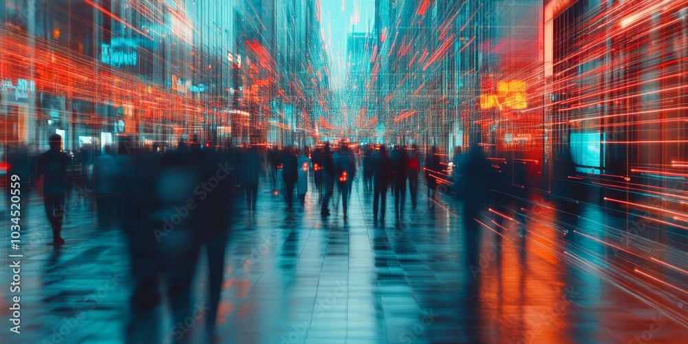 Poster Blurred image of a city with neon lines connecting people and devices, representing digital communication and tech network
