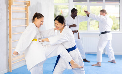 Multinational partners during martial arts karate class train to perform basic blows to opponent with hands and feet. Preparation of athletes for competitions