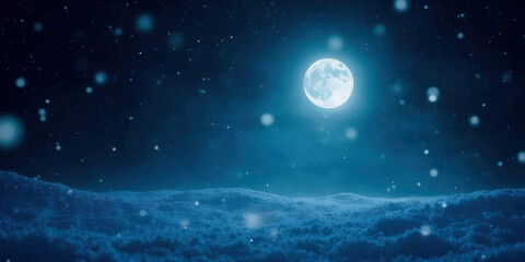 Fototapeta premium Winter Night Sky Background featuring a dark sky filled with twinkling stars and a glowing crescent moon, creating a serene and magical atmosphere perfect for winter-themed designs.