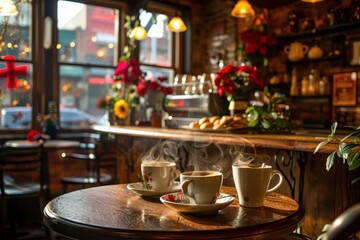 Fototapeta premium Cozy cafe interior with warm lighting and steam rising from freshly brewed coffee in the early morning