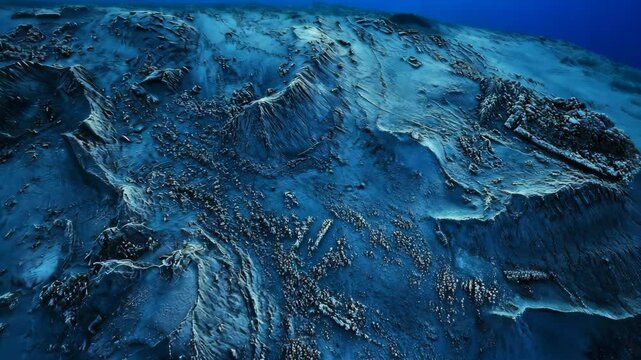 An aerial view of the ocean floor, revealing a deep, rocky landscape