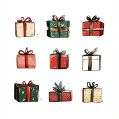 simple flat drawing style, christmas gift boxes, white background