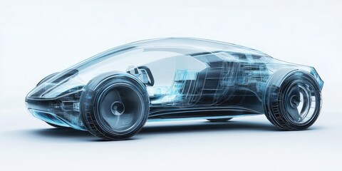 Fototapeta premium Futuristic electric car concept with transparent body, innovative technology showcase, sleek and aerodynamic design
