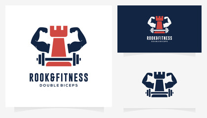 Abstract vector of rook on chess with muscle double bicep icons symbols. Creative combined hobby and fitness logo design ideas. © semoro