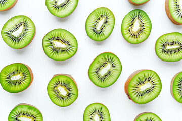 Fototapeta premium Ripe sliced ​​kiwi on white background. Design template for backgrounds, wallpapers and backdrops with ingredients and menu