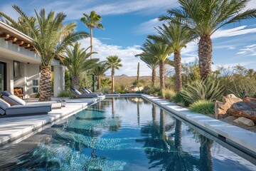 Luxurious desert villa with an elegant pool and palm trees set against a stunning blue sky in a serene natural landscape
