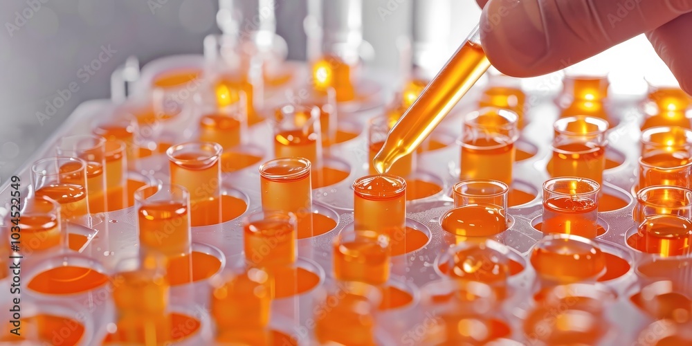 Poster scientist's hand using a pipette to add a drop of orange liquid to a series of test tubes, with deta