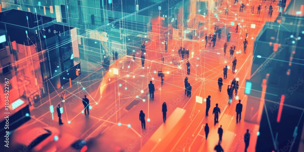 Poster Digital city network with lines connecting various smart devices and people, representing the internet of things