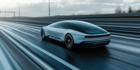 Fototapeta premium Futuristic electric car with sleek design driving on an empty highway, motion blur, advanced technology