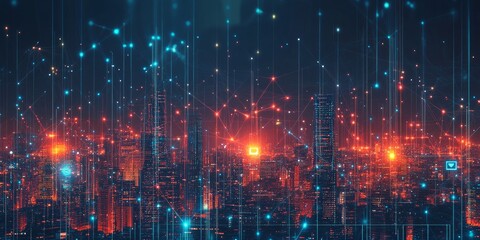 Obraz premium Digital city network with lines connecting various smart devices and people, representing the internet of things