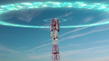 Obraz premium Infrastructure tower radiate radio signal against blue sky. 3D graphic