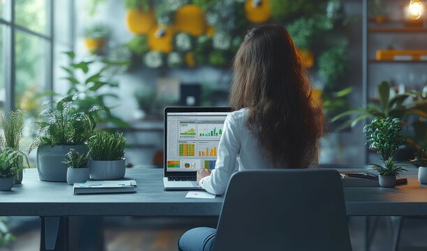 Photorealistic 3D rendering of a female data scientist, sitting in a modern coworking space, working on a laptop with a digital pen. - Powered by Adobe