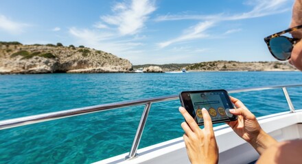 Woman on boat using smartphone in clear, blue water while sun shines brightly
