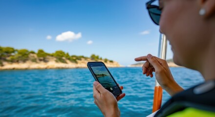 Person using smartphone to take photo on boat in scenic water setting