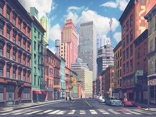 City Street Scene with Skyscrapers and Buildings