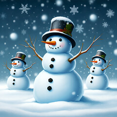 Obraz premium Three snowmen built with hat and carrot nose under snowy weather