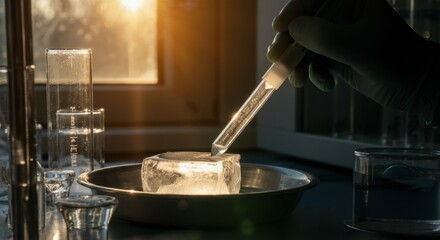Gloved hand holds test tube with liquid near block of ice on lab bench