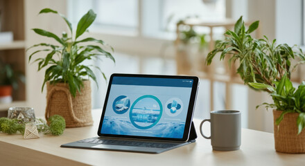 Tablet on wooden desk with plants and coffee Office setting