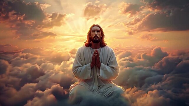 Jesus Christ praying in heaven for people, at sunset.