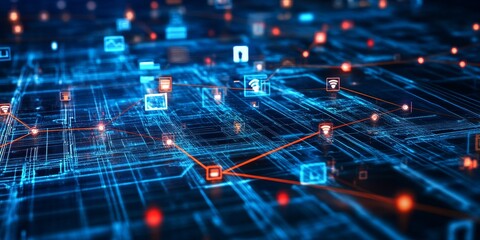 Abstract representation of a connected world with lines and icons linking data points and business strategy