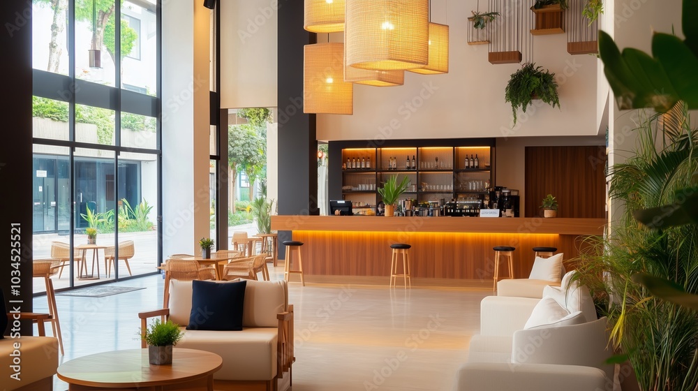 Poster Modern hotel lobby with a stylish bar area featuring natural light and contemporary furnishings