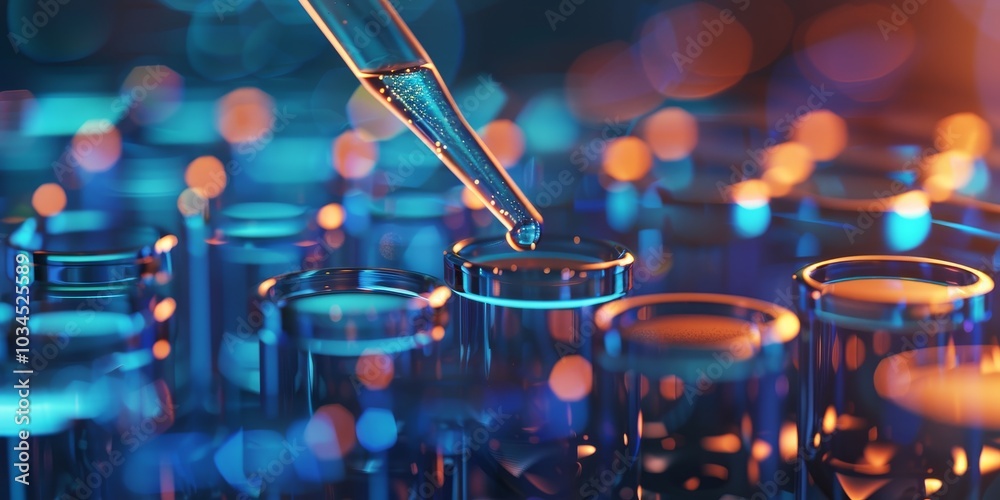Aufkleber Scientist using a pipette to add a drop of blue liquid to a series of test tubes, with a detailed lab background