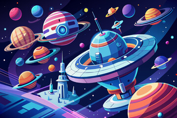 A vibrant exploration of outer space with colorful planets, advanced spaceships, and an imaginative alien landscape showcasing the wonders of the universe in a digital art style