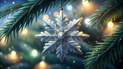 Fototapeta premium A detailed close-up of a Christmas ornament shaped like a snowflake hanging on a snowy pine tree branch, with soft-focus holiday lights in the background, christmas design background