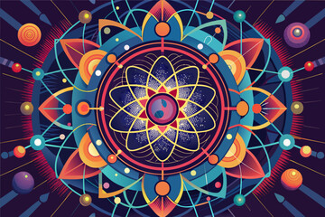 Colorful geometric mandala design featuring celestial elements, mystical symbols, and vibrant colors against a dark background, creating a captivating cosmic atmosphere
