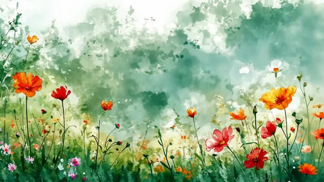 A watercolor painting of a vibrant field of flowers, showcasing a mix of red, orange, and yellow blooms against a soft green background