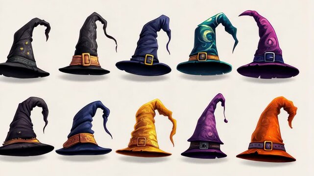 Ten colorful witch hats are arranged in two rows on a white background