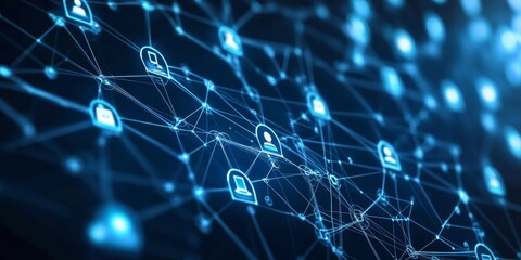 Abstract concept of data connections with lines and icons linking online communication and tech strategy