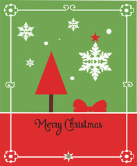 Merry Christmas image with tree and snowflakes on green and red background