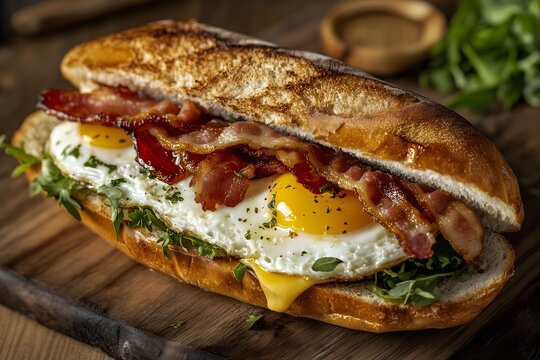 A breakfast sandwich with fried eggs, bacon and melted cheese in a hoagie roll
