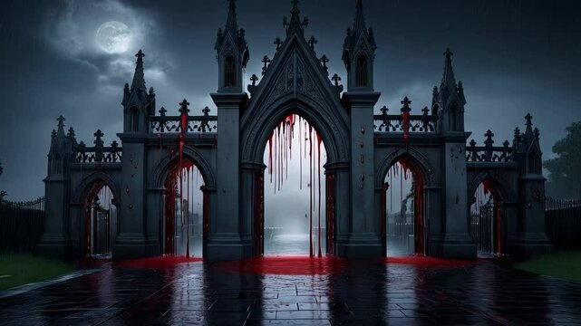 Blood dripping from gothic cemetery gates on a rainy halloween night, with a full moon in the background, creating a spooky and eerie atmosphere for Halloween and game design