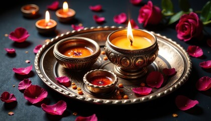 An elegant thali setup for Karwa Chauth with rose petals and small clay diyas glowing softly
