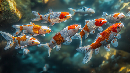 Joyful Koi Fish Swimming in Sunlit Water: A Calming View from Above