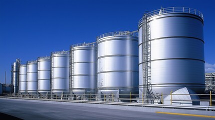 Obraz premium Row of large industrial storage tanks against blue sky
