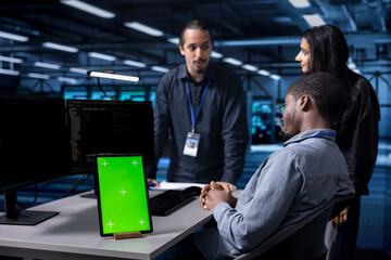 Multiethnic engineering team works on green screen tablet in data center housing storage gear. Diverse staff members using mockup device in server hub with networking components