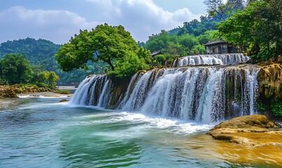 Fototapeta premium A picturesque waterfall cascades down the river
