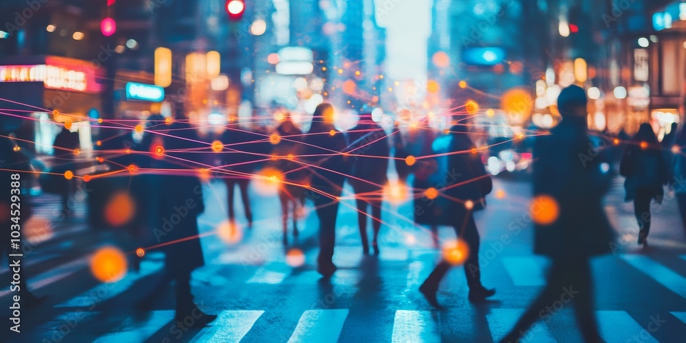 Fototapete Blurred image of a city with neon lines connecting people and devices, representing digital communication and connected network