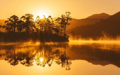 Capture the beauty of a misty lake at sunrise, featuring silhouetted trees and mountains in backdrop