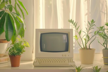 Capture charm of a retro computer placed a beige table alongside houseplants, creating a nostalgic